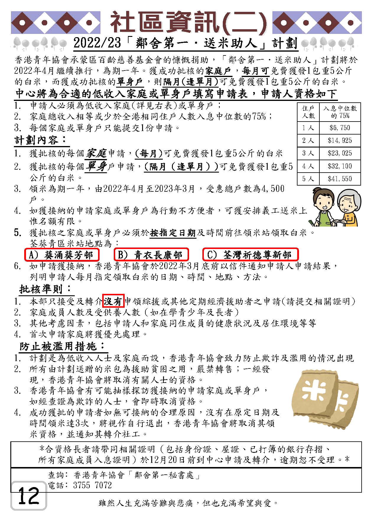 耆康會懷熙葵涌長者地區中心 12月份中心會員通訊 第十二頁 2022/23 「鄰舍第一．送米助人」計劃