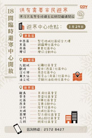 民政事務總署開放 
1️⃣8️⃣ 間臨時避寒中心...