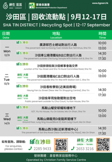 沙田區 9月12至17日 回收流動點一覧...