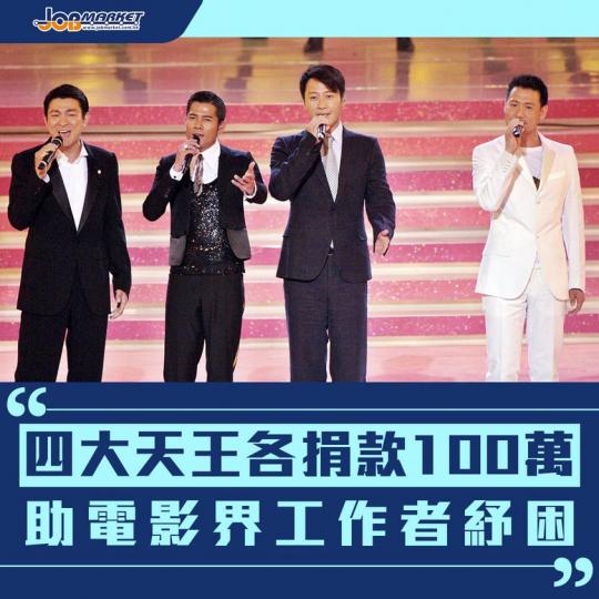 本港多個行業從業員在疫情打擊下,手停口停,生計大受影響。有報道指,「四大天王」劉德華、張學友、黎明及郭富城,各捐款100萬元,為電影業基層人員一解燃眉之急。除了四大天王,有指鄭秀文、楊千嬅、劉青雲、張... 本港多個行業從業員在疫情打擊下,手停口停,生計大受影響。有報道指,「四大天王」劉德華、張學友、黎明及郭富城,各捐款100萬元,為電影業基層人員一解燃眉之急。除了四大天王,有指鄭秀文、楊千嬅、劉青雲、張...