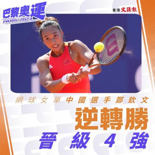 網球女單中國選手鄭欽文逆轉勝 晉級4強...
