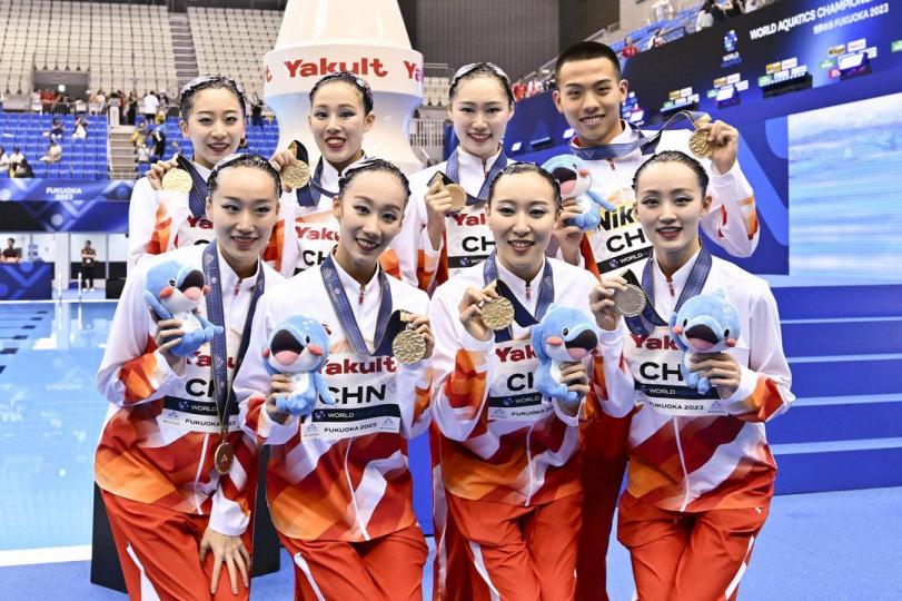 China won the team acrobatic title in artistic swimming at the World Aquatics Championships on Monda...
