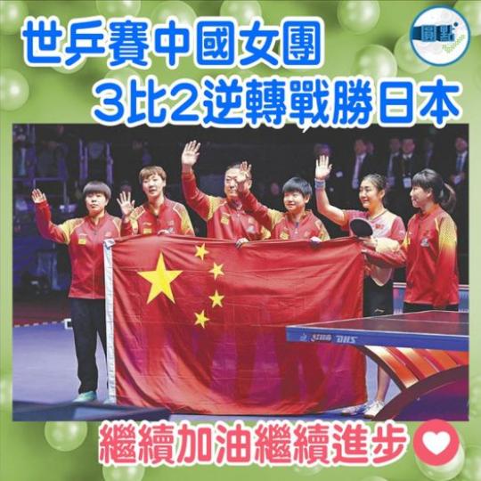 世乒賽中國女團3比2逆轉戰勝日本...