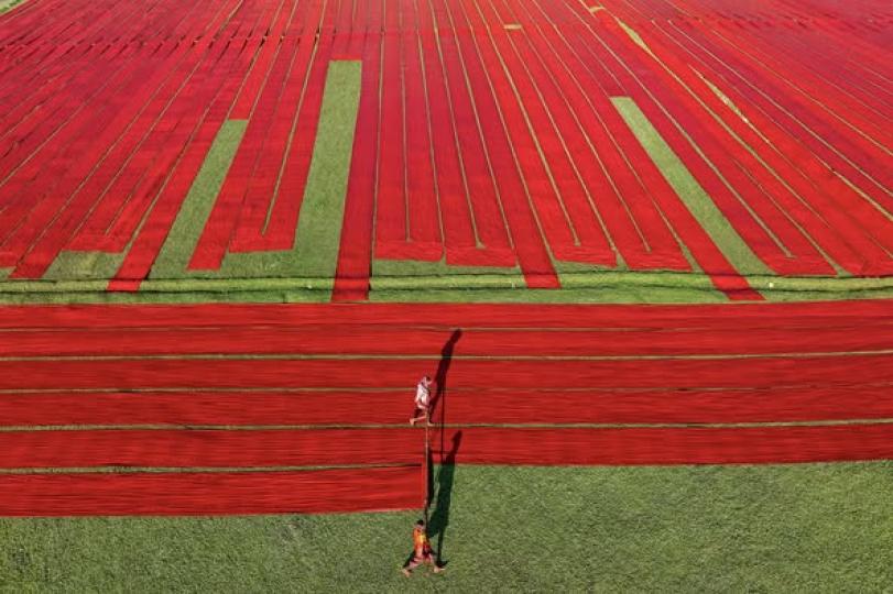 vibrant red and green fabrics......