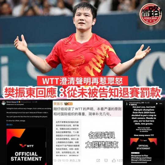 WTT聲明再惹眾怒 樊振東回應...