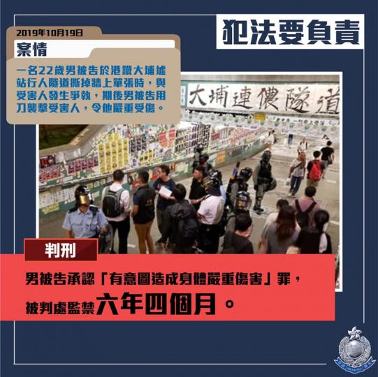 判刑 • 男被告大埔墟站行人隧道用刀襲擊受害人 • 判入獄六年四個月...