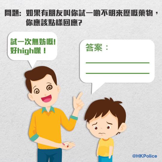 【毒品害人 • 教你三招向毒品說「不」】
2020年1月至8月期間，21歲以下因涉及與毒品相關罪行的被捕學生由2019年同期的31人，上升至60人，升幅近一倍。
警方提醒你，真正的朋友根本不會引誘你吸...