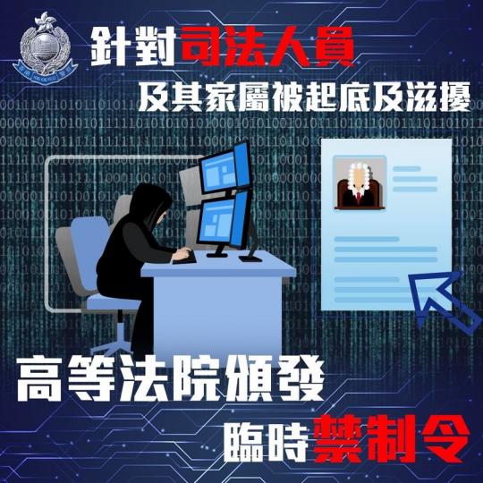 高等法院頒發臨時禁制令針對司法人員及其家屬被起底及滋擾 】
律政司司長向高等法院申請單方面禁制令（HCA 1847/2020），以禁制任何人非法地及故意地作出以下行為：
(a) 在沒有相關人士的同意下...