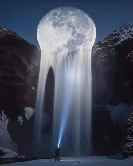 當月亮親吻著瀑布，湊巧錯位的一瞬間好浪漫又美妙...