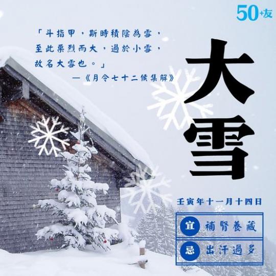 大雪，雪盛也。這時節天氣會比小雪寒冷...