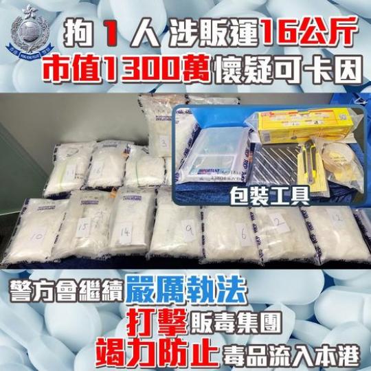 拘1人 • 涉販運逾千萬可卡因...