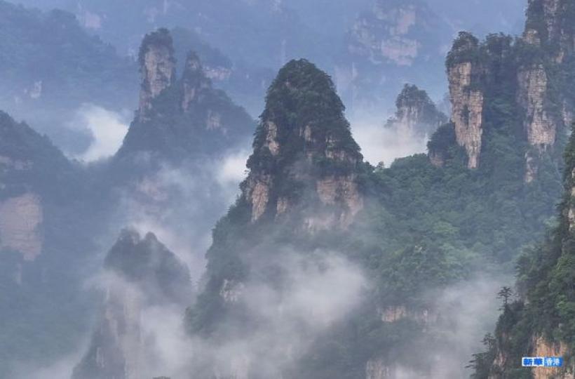 湖南張家界的峰林間霧氣繚繞...