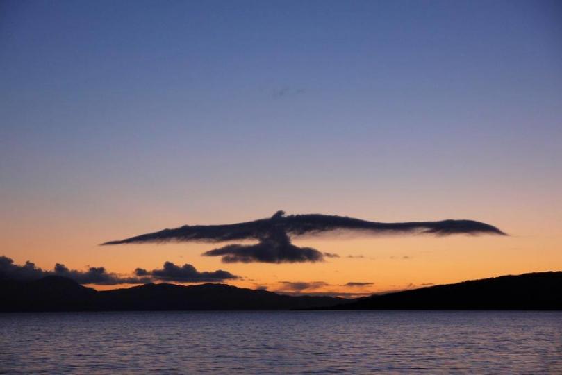 在夕陽西下、雲彩轉橘的時刻，偶然看到遠方雲朵變成「大鵬展翅」的模樣...