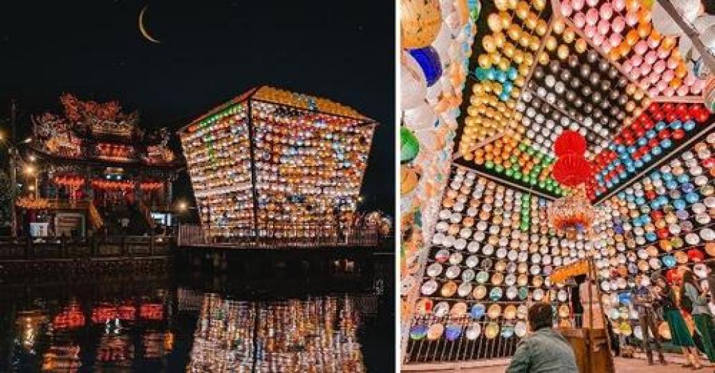 粉嫩嫩的燈籠排列成天燈形狀...