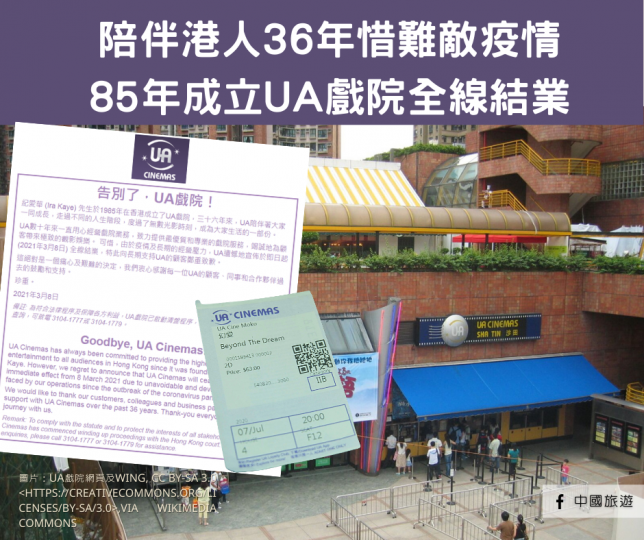 香港電影業的黃金時光,離我們又遠一點了!陪伴不少香港人長大的娛藝院線(UA Cinemas)(3月8日)宣佈正式結業,院方在網頁表示結業是因為「疫情及長期的經營壓力」,除了對顧客表示歉意,並稱「這絕對... 香港電影業的黃金時光,離我們又遠一點了!陪伴不少香港人長大的娛藝院線(UA Cinemas)(3月8日)宣佈正式結業,院方在網頁表示結業是因為「疫情及長期的經營壓力」,除了對顧客表示歉意,並稱「這絕對...