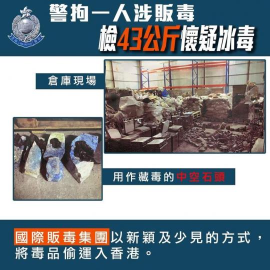 【 國際販毒集團石頭藏43公斤冰毒 • 手法新穎毒品市值約2600萬 】
警方根據線報,於(11月25日)在上水古洞一個倉庫內,檢獲大批中空石頭,用以收藏毒品。警方相信該國際販毒集團專門以新穎及少見的... 【 國際販毒集團石頭藏43公斤冰毒 • 手法新穎毒品市值約2600萬 】
警方根據線報,於(11月25日)在上水古洞一個倉庫內,檢獲大批中空石頭,用以收藏毒品。警方相信該國際販毒集團專門以新穎及少見的...