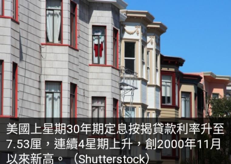 美國30年
期按揭利率
升穿7.5厘　
創近23年新高...