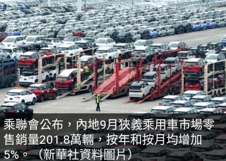 內地9月
乘用車零售
銷量按年及
按月均增長5%...