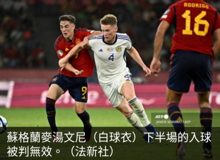 歐國盃外圍賽西班
牙凈勝兩球,蘇格蘭
決賽周資格未定....