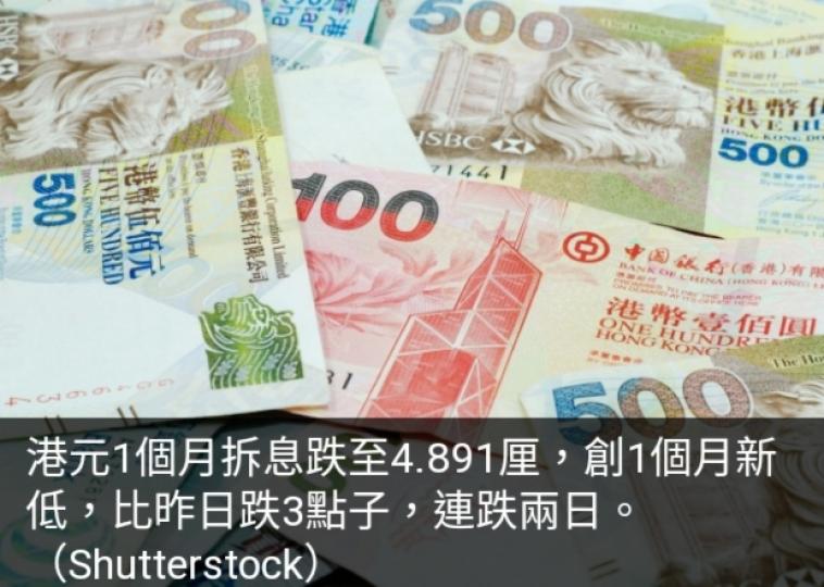 港元拆息
個別發展,　
1個月拆息
連跌兩日...