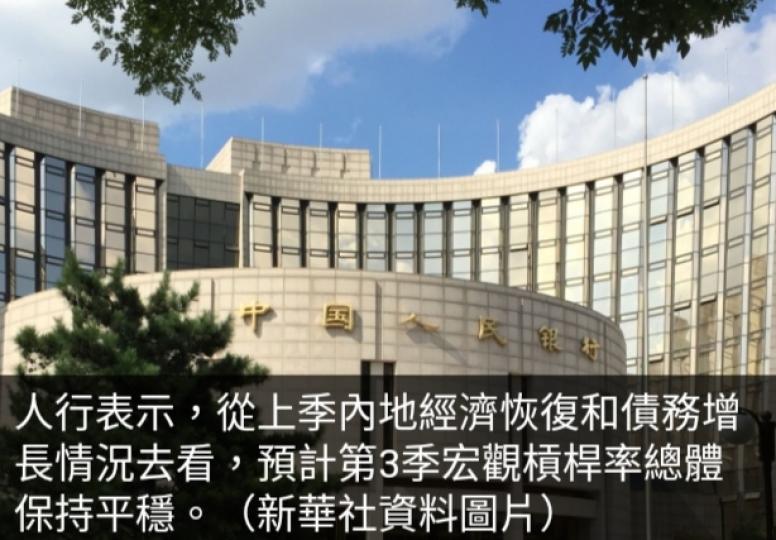 人行料內地第
3季宏觀槓桿
率總體保持平穩...