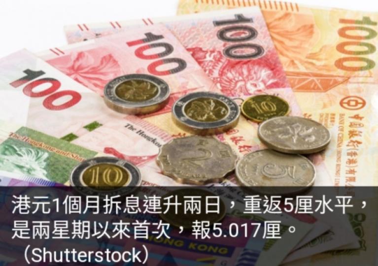 港元拆息全升
1個月拆息重返5厘　
創兩星期新高...