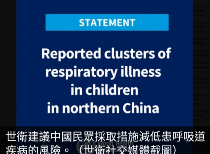 世衛關注中國
呼吸道疾病及兒
童聚集性肺炎增加　
已要求提供資訊...