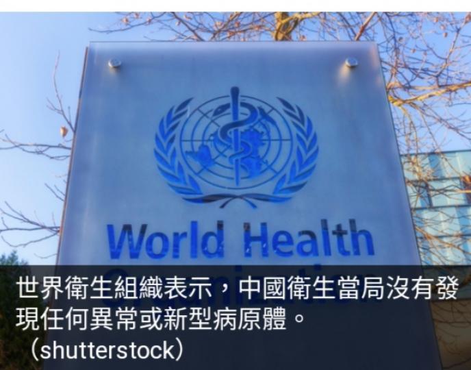 世衛稱中國當
局沒有發現任何
異常或新型病原體...