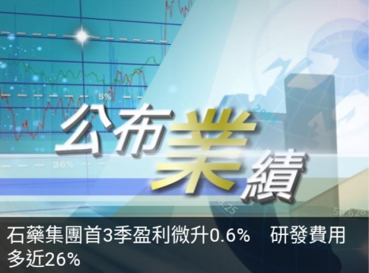 石藥集團首3季
盈利微升0.6%,　
研發費用多近26%....