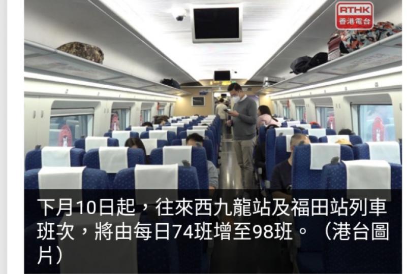 高鐵往來西九龍
至福田站下月10
日起每日增至98班...
