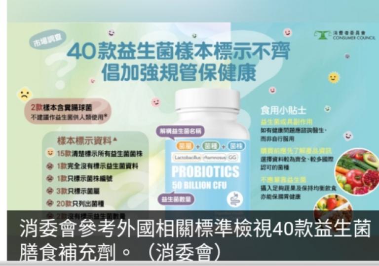 消委會檢視40款
益生菌補充劑　
當中2款含不建議
人類使用益生菌...