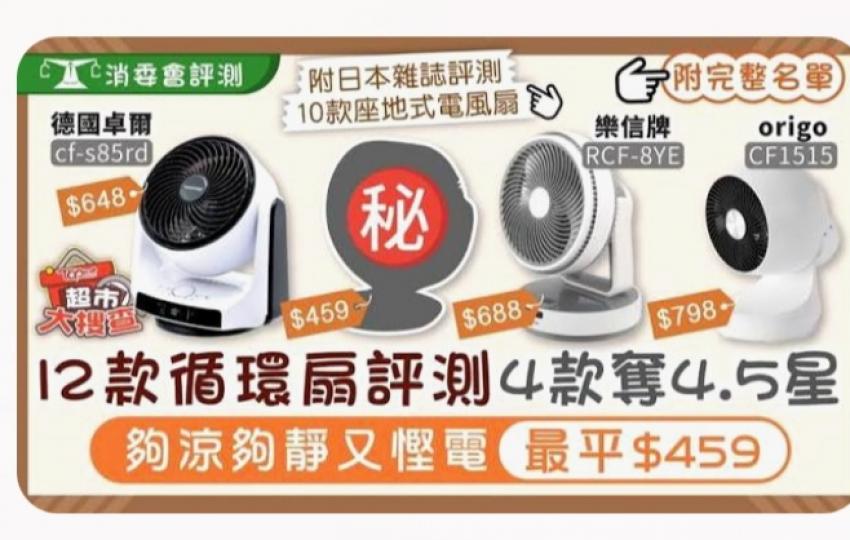 消委會風扇｜12款循環扇評測4款奪4.5星　夠涼夠靜又慳電最平$459...