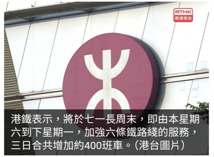 港鐵七一長周末加強六條鐵路綫服務　加密班次...