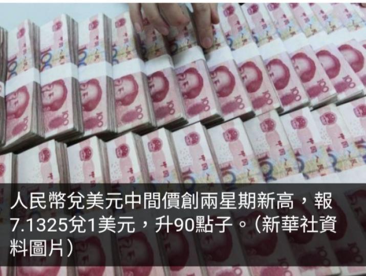 人民幣兌美元中間價創兩周新高...