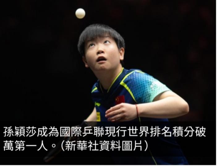 孫穎莎成為國際乒聯現行世界排名積分破萬第一人...