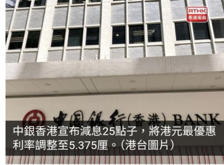 中銀香港減息25點子　港元最優惠利率5.375厘...
