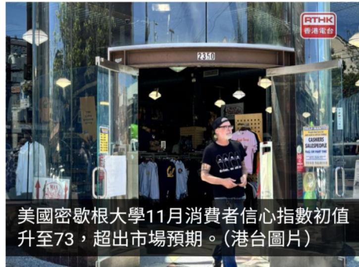 美國密歇根大學11月消費者信心指數勝預期　創7個月新高...