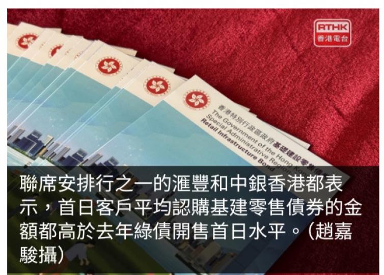 滙豐及中銀：首日人均認購基建債金額高於去年綠債首日開售...
