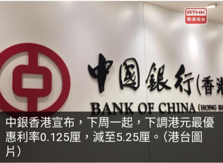 中銀香港下調港元最優惠利率0.125厘...
