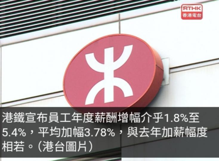 鐵路總工會引述港鐵加薪1.8%至5.4%　平均加幅3.78%...