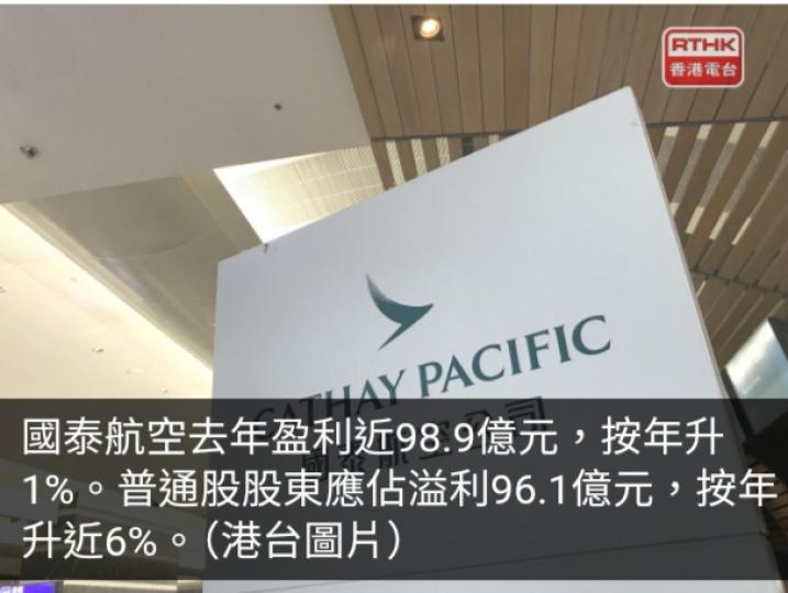 國泰航空去年盈利升1%　普通股股東應佔溢利升近6%...
