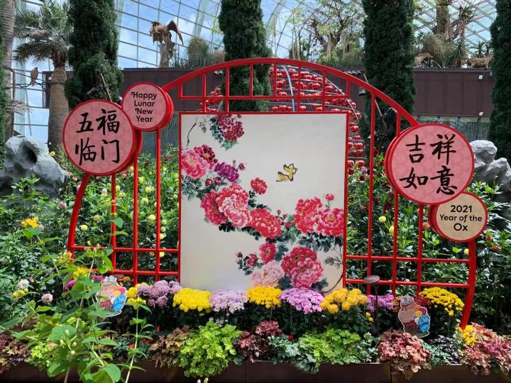 大型裝飾

這拱門中央有一大幅牡丹花畫，兩旁有吉祥如意和五福臨門祝福語，前後是花海，十分壯觀。...