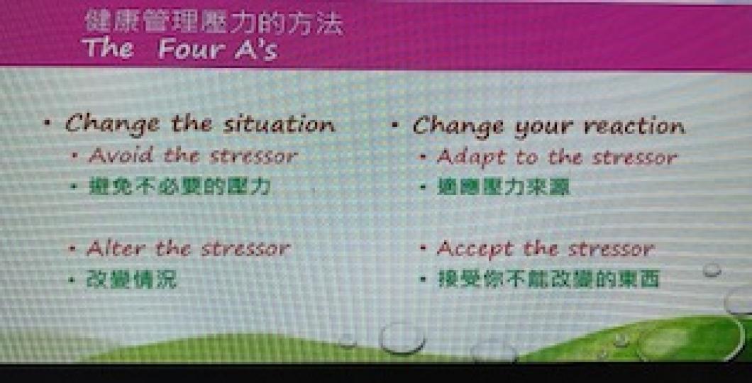 健康管理壓力的方法

今天在「疫情中之逆境導航」講座中學會用四個A 的方法去管理壓力。 中文即避免不必要的壓力；改變情況；適應壓力來源和接受你不能改變的東西。我相信上述四種方法總有一方法是一定可行的。...