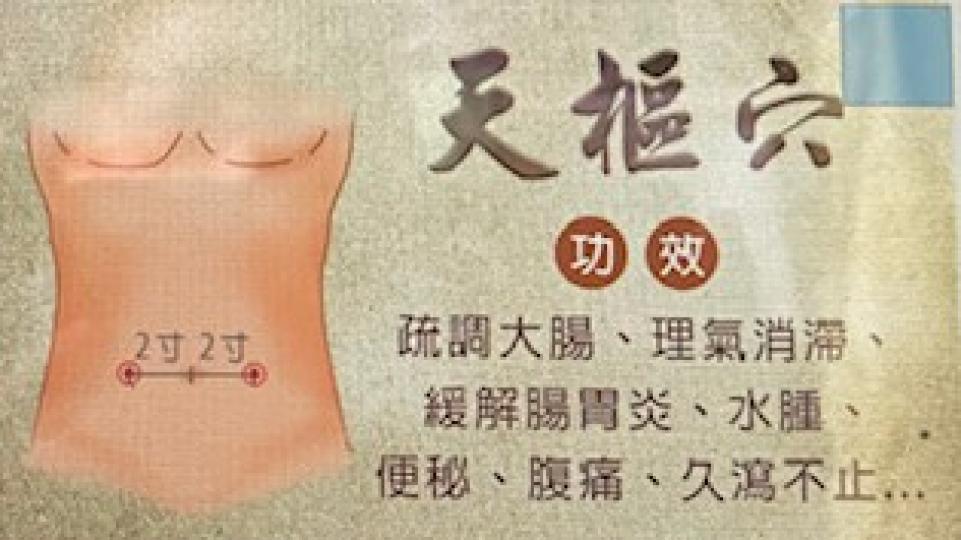天樞穴
照中醫治便秘按天樞穴可以疏調大腸,扶土化濕和理氣消滯。天樞穴位置在腹中部,臍中旁二寸,腹直肌中。... 天樞穴
照中醫治便秘按天樞穴可以疏調大腸,扶土化濕和理氣消滯。天樞穴位置在腹中部,臍中旁二寸,腹直肌中。...