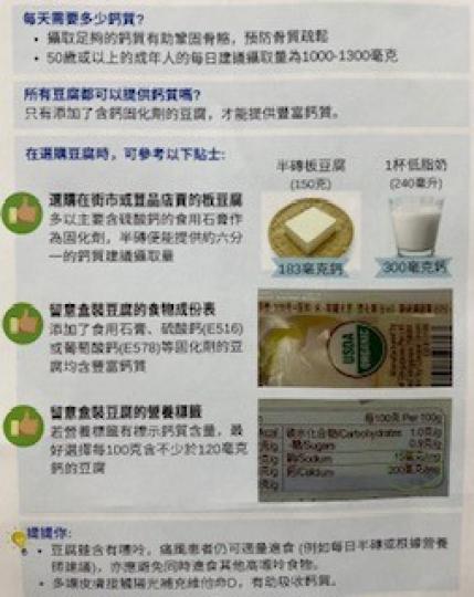 如何選購豆腐
攝取足夠的鈣質有助鞏固骨骼,預防骨質疏鬆。50歲或以上的成年人的每日建議攝取量為1000-1300毫克。選購豆腐要注意食物成份和營養標韱。... 如何選購豆腐
攝取足夠的鈣質有助鞏固骨骼,預防骨質疏鬆。50歲或以上的成年人的每日建議攝取量為1000-1300毫克。選購豆腐要注意食物成份和營養標韱。...