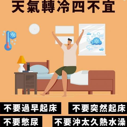 天氣轉冷四不宜
長者特別要留意這天氣轉冷四不宜。...
