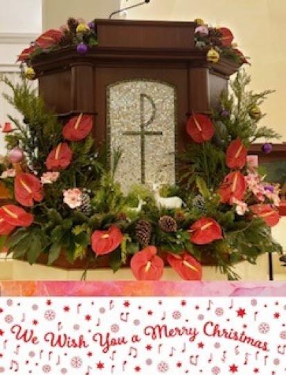 講道教壇
教堂講壇主要以紅掌、松枝和松果佈置，充滿聖誕氣氛。...