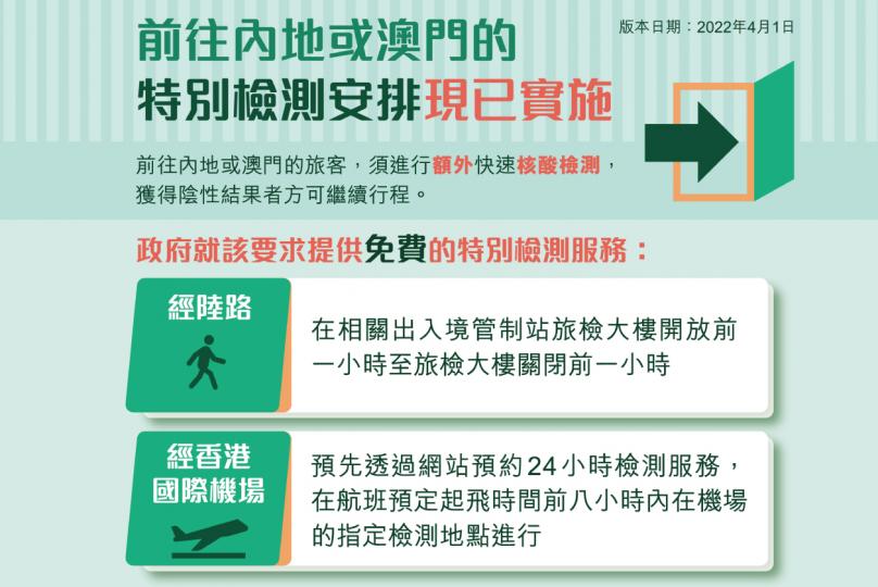前往內地或澳門的特別檢測安排現已實施