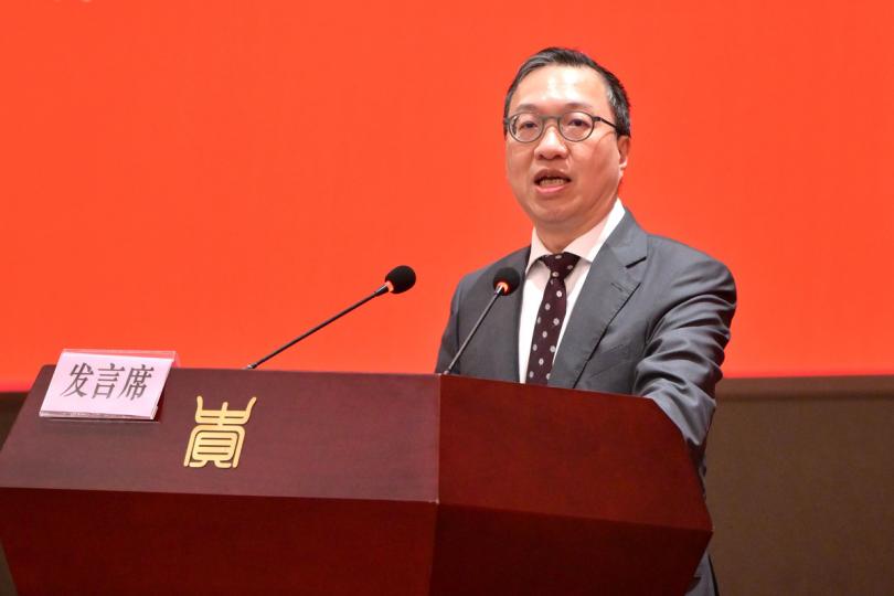 介紹優勢:  林定國在第二屆「一帶一路」法律挑戰與應對策略研討會致開幕辭。