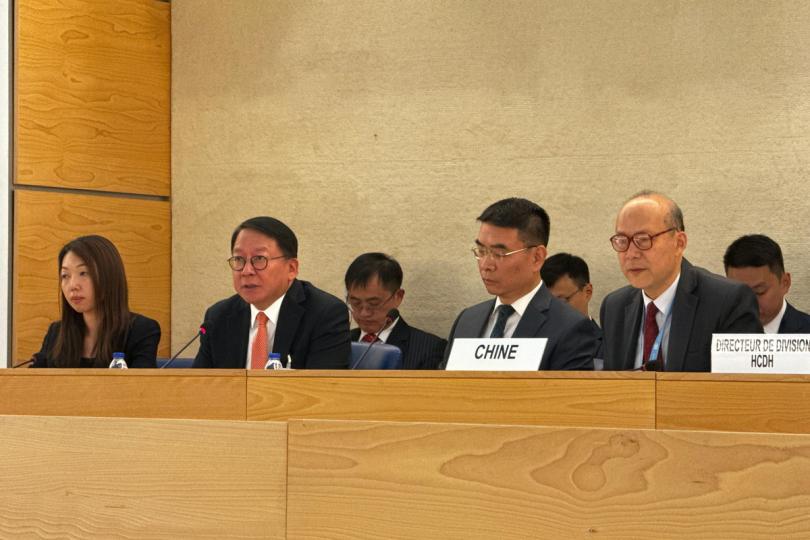 最新狀況:  陳國基（左二）在瑞士日內瓦以中國代表團副團長身分出席聯合國人權理事會會議並在會上發言。